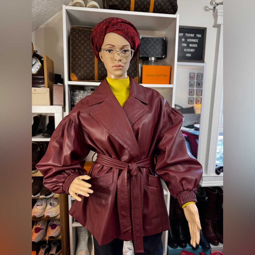 Burgundy Faux Kimono Style Leather Coat
